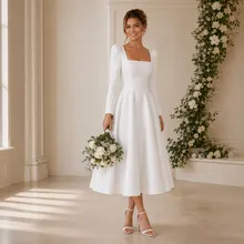 Vestido Noiva Midi Manga Longa Gola Quadrada Racy