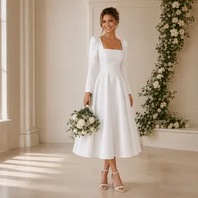 Vestido Noiva Midi Manga Longa Gola Quadrada Racy
